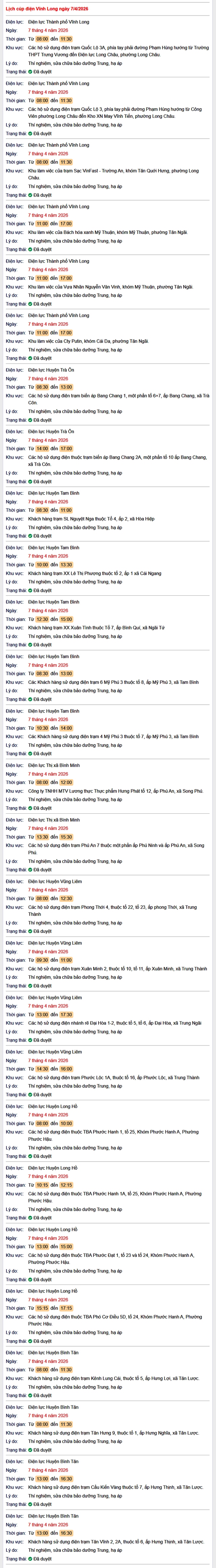 Tra cứu lịch cúp điện Vĩnh Long hôm nay Thứ 3 ngày 7/4/2026- Ảnh 1.