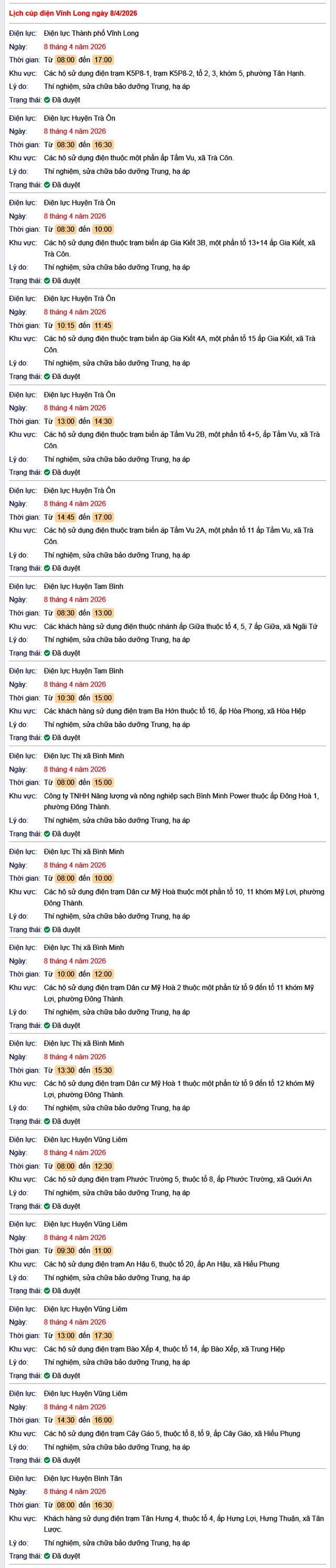 Tra cứu lịch cúp điện Vĩnh Long hôm nay Thứ 4 ngày 8/4/2026- Ảnh 1.
