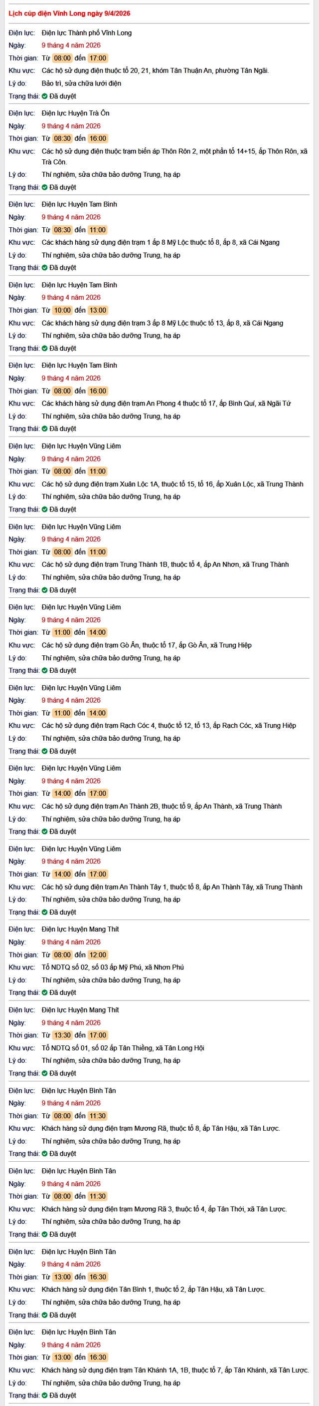 Tra cứu lịch cúp điện Vĩnh Long hôm nay Thứ 5 ngày 9/4/2026- Ảnh 1.