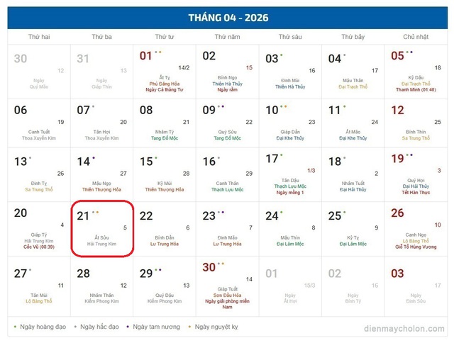 Âm lịch hôm nay 21/4 - Lịch âm 21/4 - Lịch vạn niên ngày 21/4/2026- Ảnh 1.