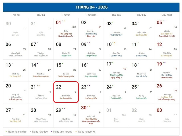 Âm lịch hôm nay 22/4 - Lịch âm 22/4 - Lịch vạn niên ngày 22/4/2026- Ảnh 1.