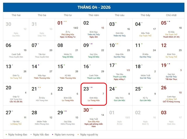 Âm lịch hôm nay 23/4 - Lịch âm 23/4 - Lịch vạn niên ngày 23/4/2026- Ảnh 1.