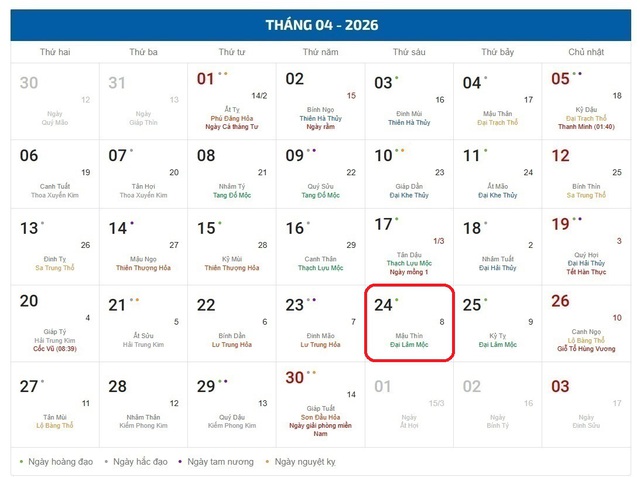 Âm lịch hôm nay 24/4 - Lịch âm 24/4 - Lịch vạn niên ngày 24/4/2026- Ảnh 1.