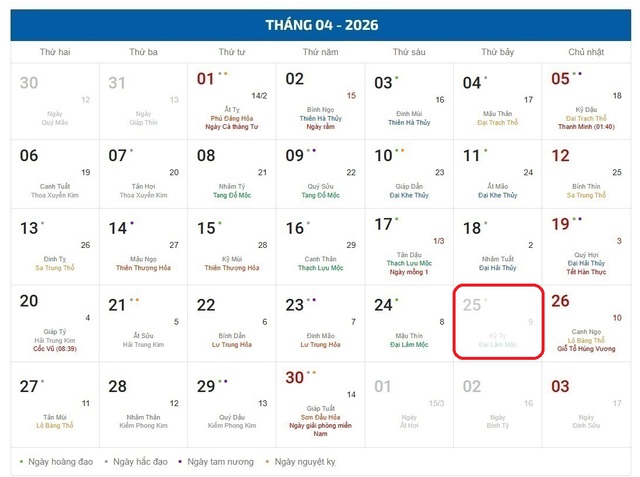 Âm lịch hôm nay 25/4 - Lịch âm 25/4 - Lịch vạn niên ngày 25/4/2026- Ảnh 1.
