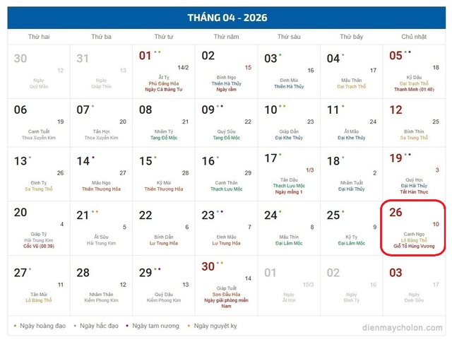 Âm lịch hôm nay 26/4 - Lịch âm 26/4 - Lịch vạn niên ngày 26/4/2026- Ảnh 1.
