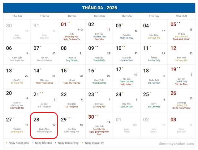 Âm lịch hôm nay 28/4 - Lịch âm 28/4 - Lịch vạn niên ngày 28/4/2026- Ảnh 1.