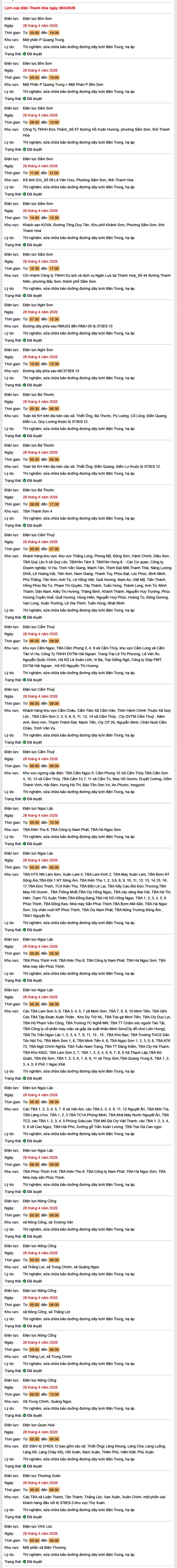 Tra cứu lịch cắt điện Thanh Hóa hôm nay Thứ 3 ngày 28/4/2026- Ảnh 1.