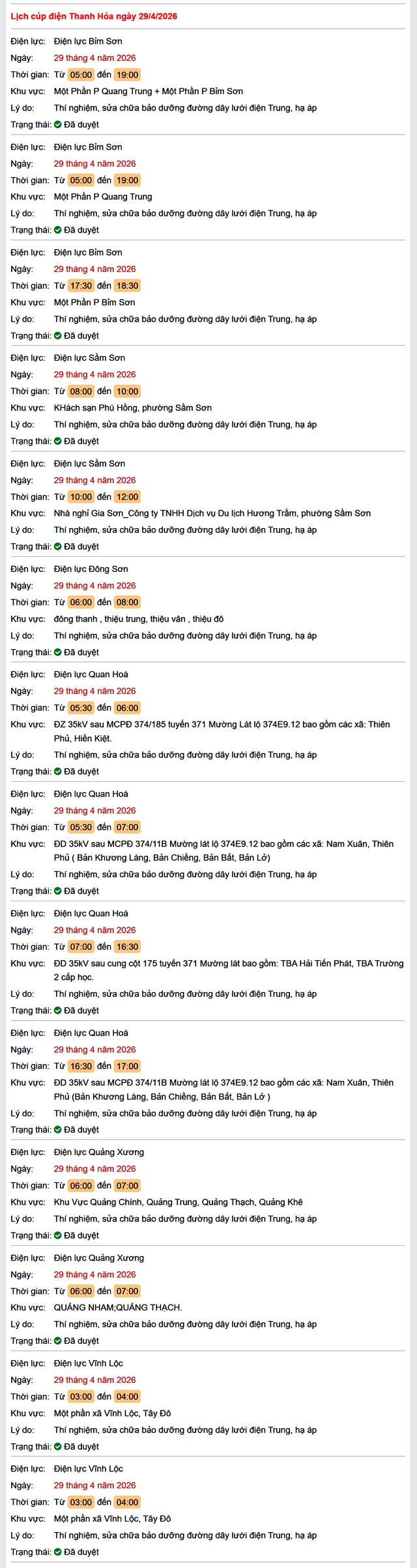 Tra cứu lịch cắt điện Thanh Hóa hôm nay Thứ 4 ngày 29/4/2026- Ảnh 1.