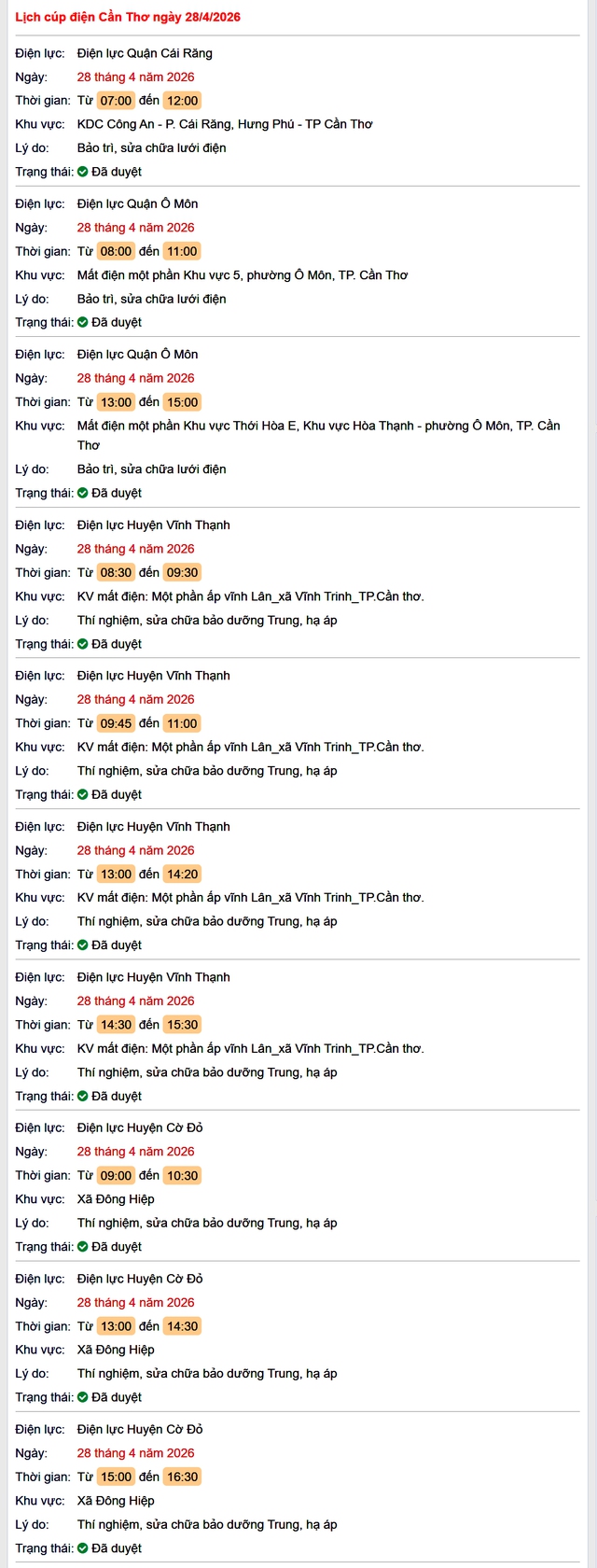 Tra cứu lịch cúp điện Cần Thơ hôm nay Thứ 3 ngày 28/4/2026- Ảnh 1.