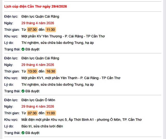 Tra cứu lịch cúp điện Cần Thơ hôm nay Thứ 4 ngày 29/4/2026- Ảnh 1.