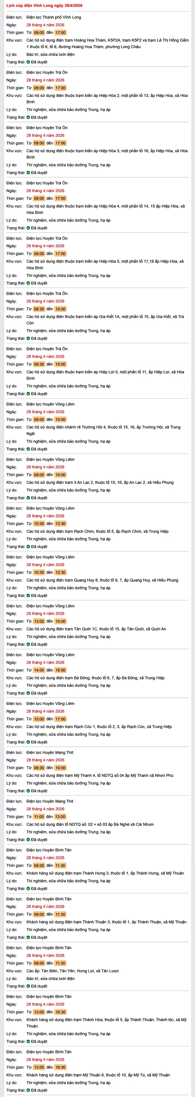 Tra cứu lịch cúp điện Vĩnh Long hôm nay Thứ 3 ngày 28/4/2026- Ảnh 1.
