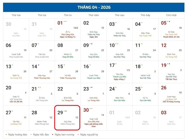Âm lịch hôm nay 29/4 - Lịch âm 29/4 - Lịch vạn niên ngày 29/4/2026- Ảnh 1.