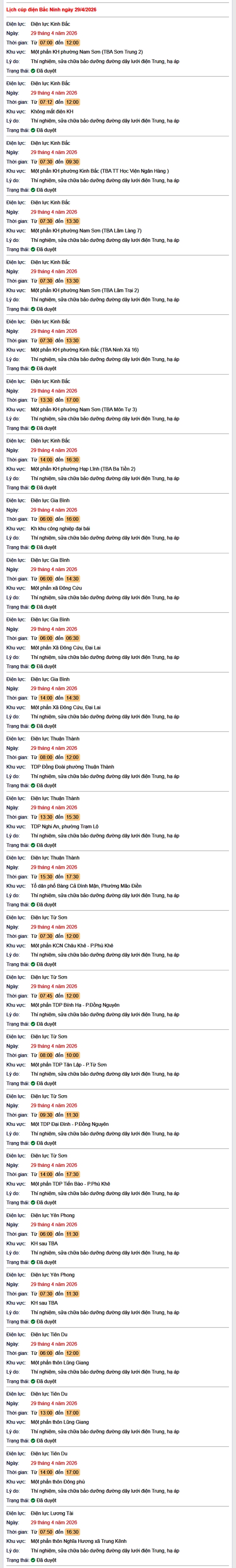 Tra cứu lịch cắt điện Bắc Ninh hôm nay Thứ 4 ngày 29/4/2026- Ảnh 1.