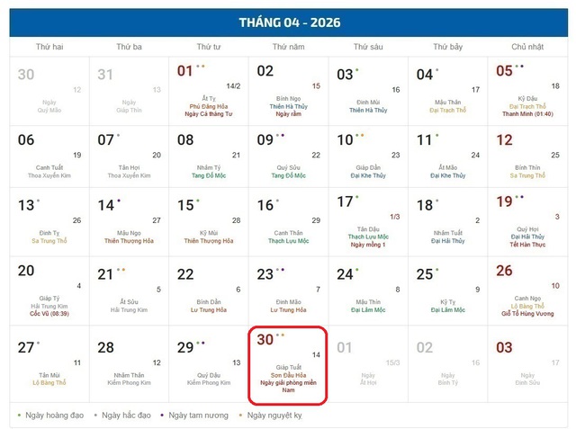 Âm lịch hôm nay 30/4 - Lịch âm 30/4 - Lịch vạn niên ngày 30/4/2026- Ảnh 1.