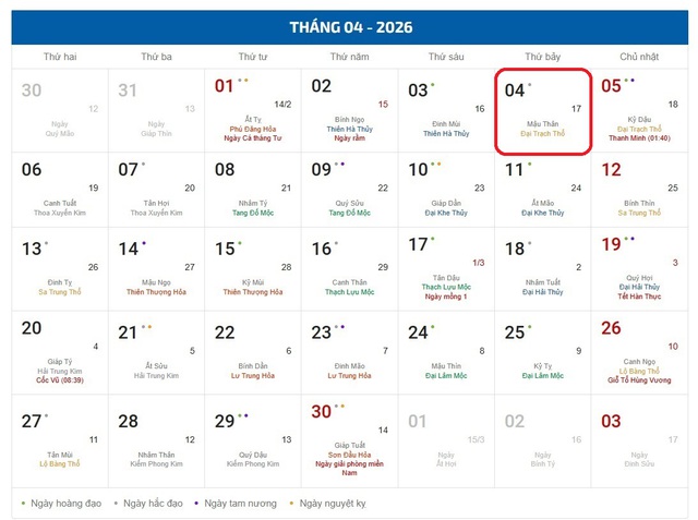 Lịch âm hôm nay 4/4 - Âm lịch 4/4 - Lịch vạn niên ngày 4/4/2026- Ảnh 1.