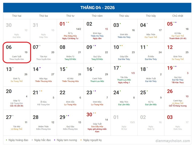 Lịch âm hôm nay 6/4 - Âm lịch 6/4 - Lịch vạn niên ngày 6/4/2026- Ảnh 1.