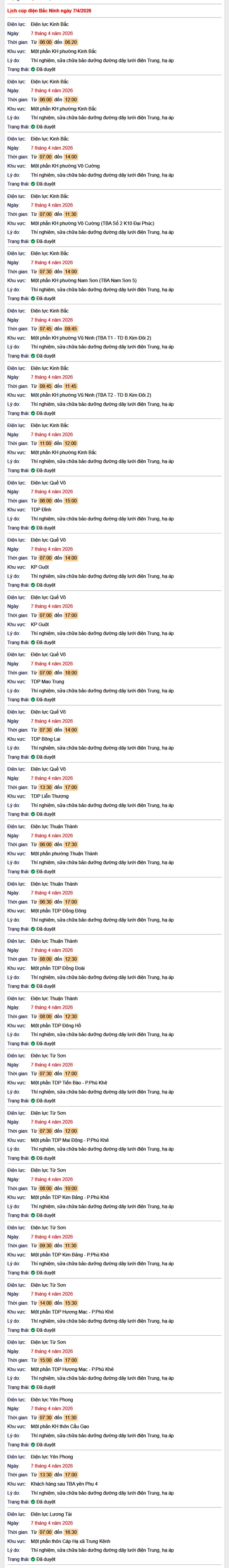 Tra cứu lịch cắt điện Bắc Ninh hôm nay Thứ 3 ngày 7/4/2026- Ảnh 1.