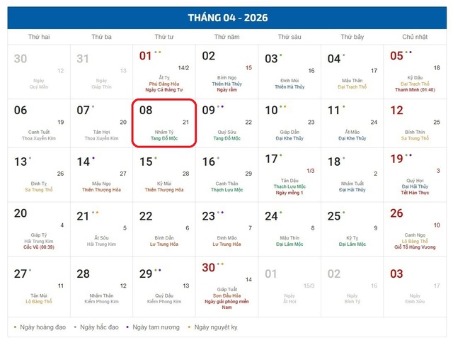Lịch âm hôm nay 8/4 - Âm lịch 87/4 - Lịch vạn niên ngày 8/4/2026- Ảnh 1. Lịch âm hôm nay 8/4 - Âm lịch 87/4 - Lịch vạn niên ngày 8/4/2026- Ảnh 1.