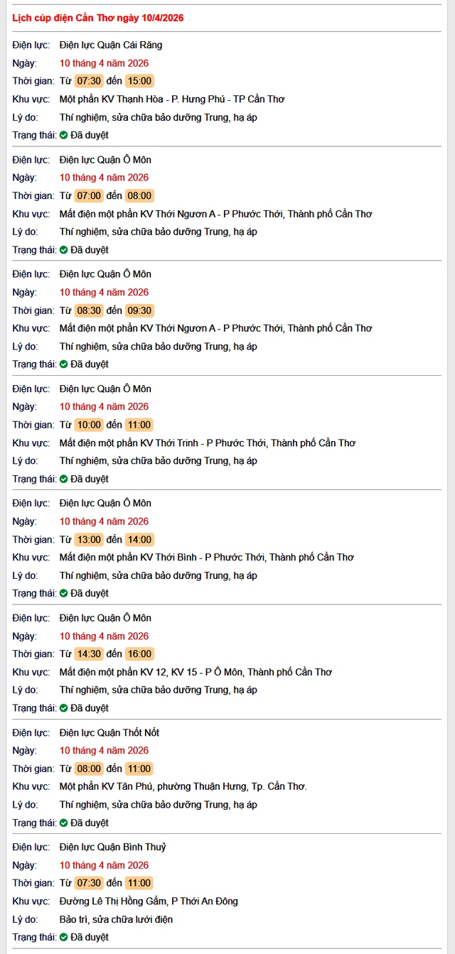 Tra cứu lịch cúp điện Cần Thơ hôm nay Thứ 6 ngày 10/4/2026- Ảnh 1.