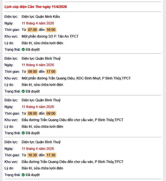 Tra cứu lịch cúp điện Cần Thơ hôm nay Thứ 7 ngày 11/4/2026- Ảnh 1.