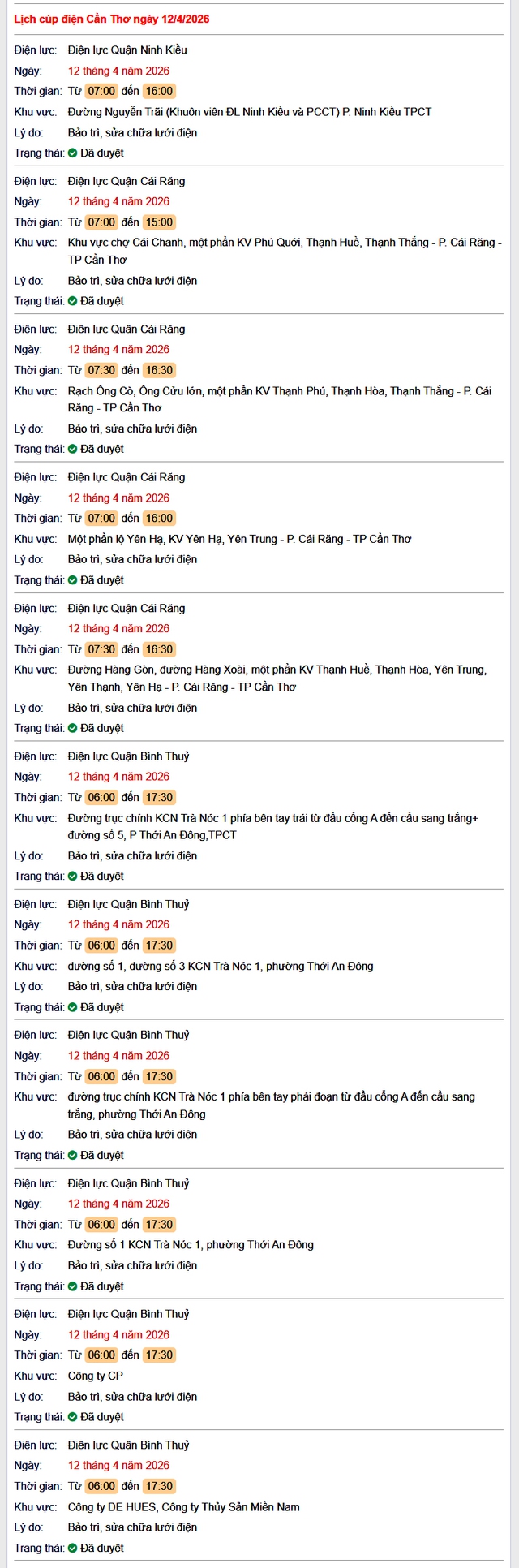 Tra cứu lịch cúp điện Cần Thơ hôm nay Chủ Nhật ngày 12/4/2026- Ảnh 1. Tra cứu lịch cúp điện Cần Thơ hôm nay Chủ Nhật ngày 12/4/2026- Ảnh 1.
