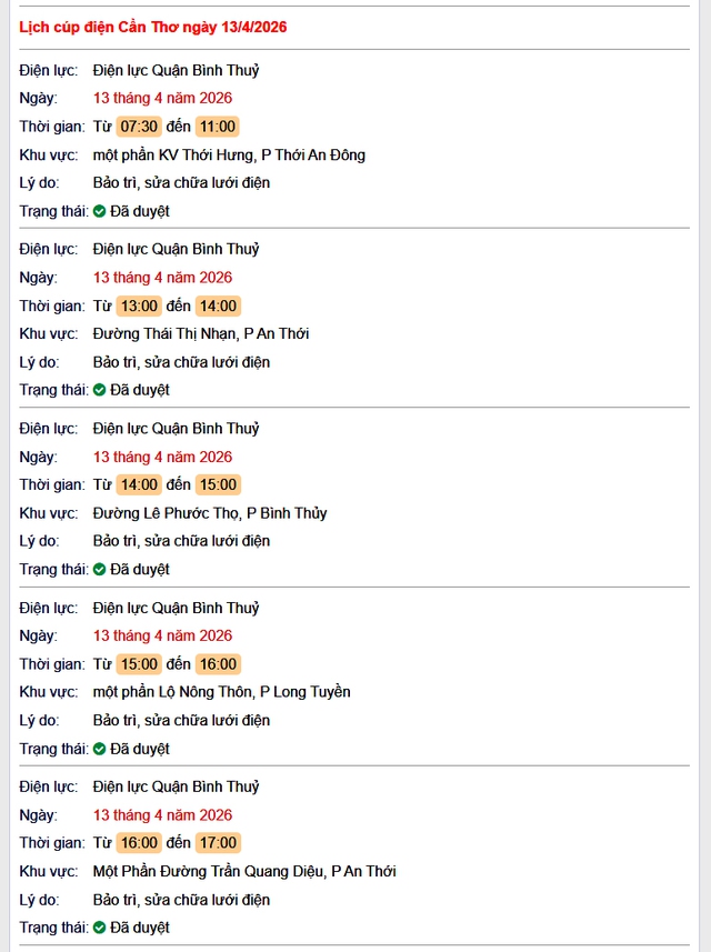 Tra cứu lịch cúp điện Cần Thơ hôm nay Thứ 2 ngày 13/4/2026- Ảnh 1.