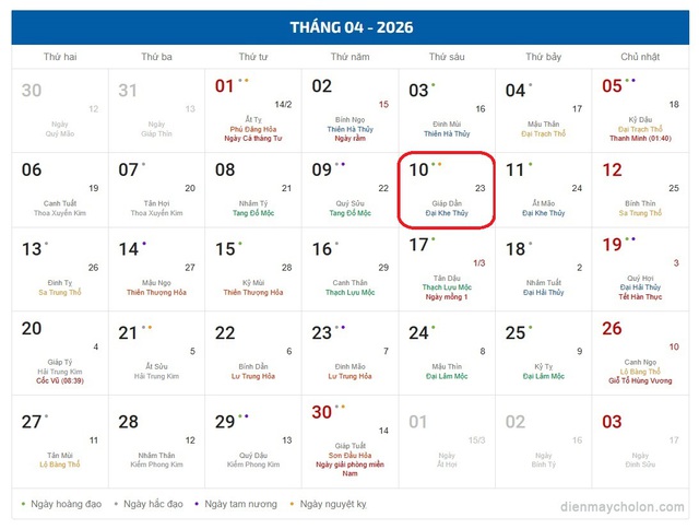 Âm lịch hôm nay 10/4 - Lịch âm 10/4 - Lịch vạn niên ngày 10/4/2026- Ảnh 1.
