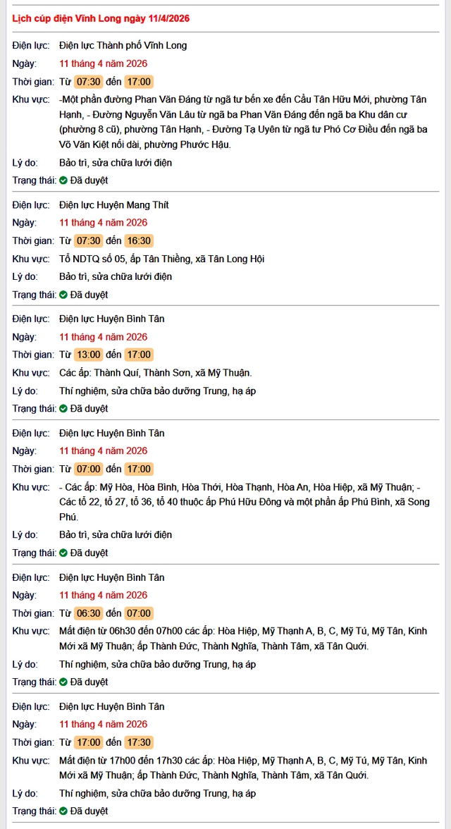 Tra cứu lịch cúp điện Vĩnh Long hôm nay Thứ 7 ngày 11/4/2026- Ảnh 1.