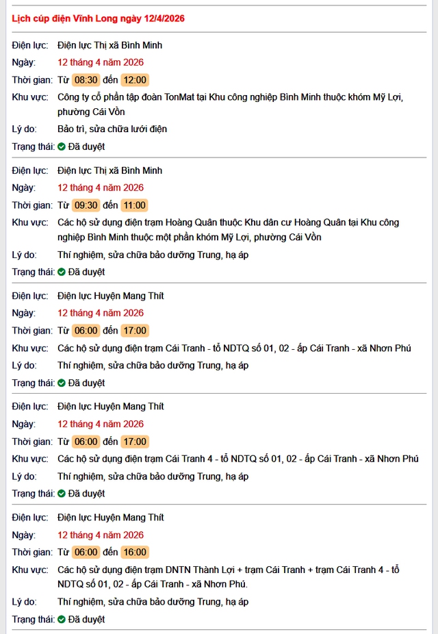 Tra cứu lịch cúp điện Vĩnh Long hôm nay Chủ Nhật ngày 12/4/2026- Ảnh 1.