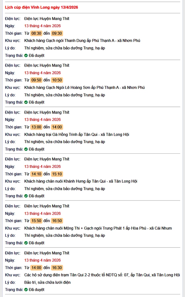 Tra cứu lịch cúp điện Vĩnh Long hôm nay Thứ 2 ngày 13/4/2026- Ảnh 1.