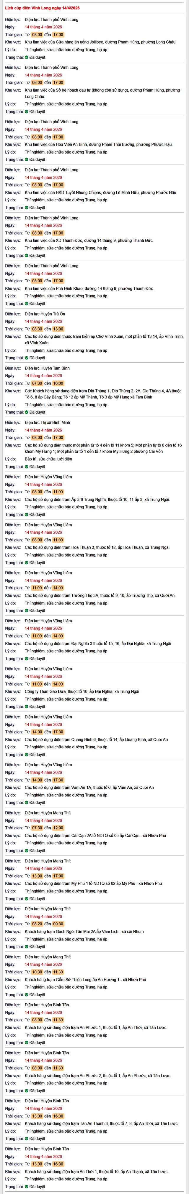 Tra cứu lịch cúp điện Vĩnh Long hôm nay Thứ 3 ngày 14/4/2026- Ảnh 1.