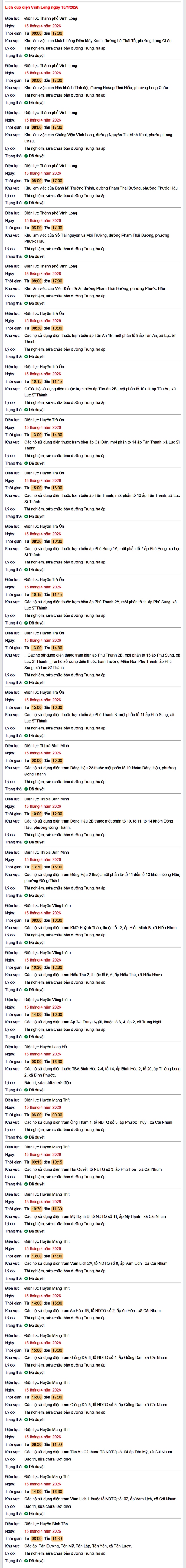 Tra cứu lịch cúp điện Vĩnh Long hôm nay Thứ 4 ngày 15/4/2026- Ảnh 1. Tra cứu lịch cúp điện Vĩnh Long hôm nay Thứ 4 ngày 15/4/2026- Ảnh 1.