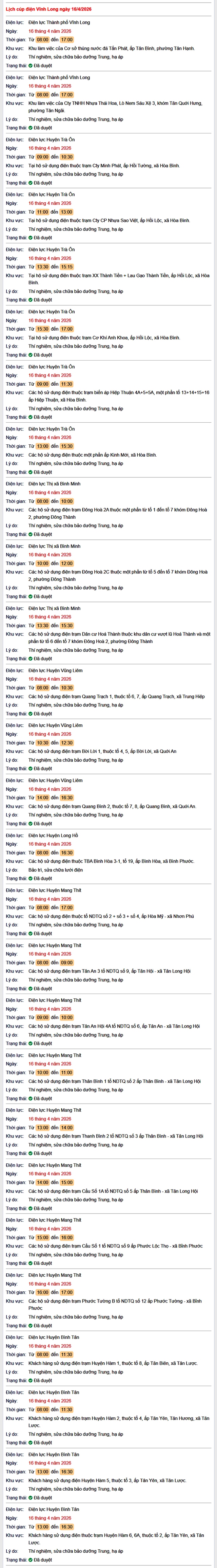Tra cứu lịch cúp điện Vĩnh Long hôm nay Thứ 5 ngày 16/4/2026- Ảnh 1.