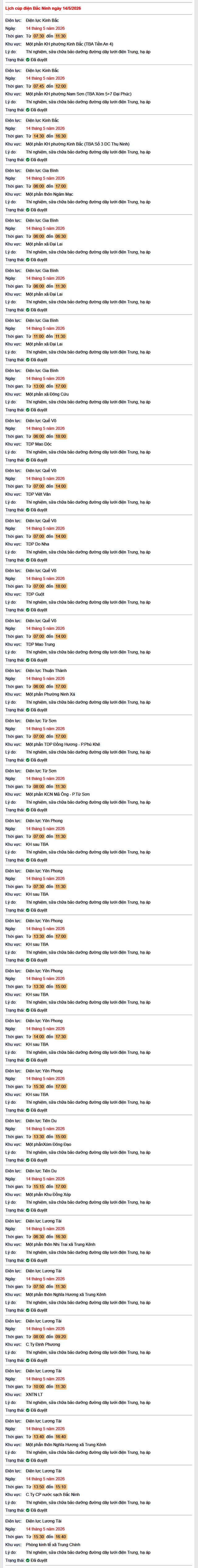 Tra cứu lịch cắt điện Bắc Ninh hôm nay Thứ 5 ngày 14/5/2026- Ảnh 1.