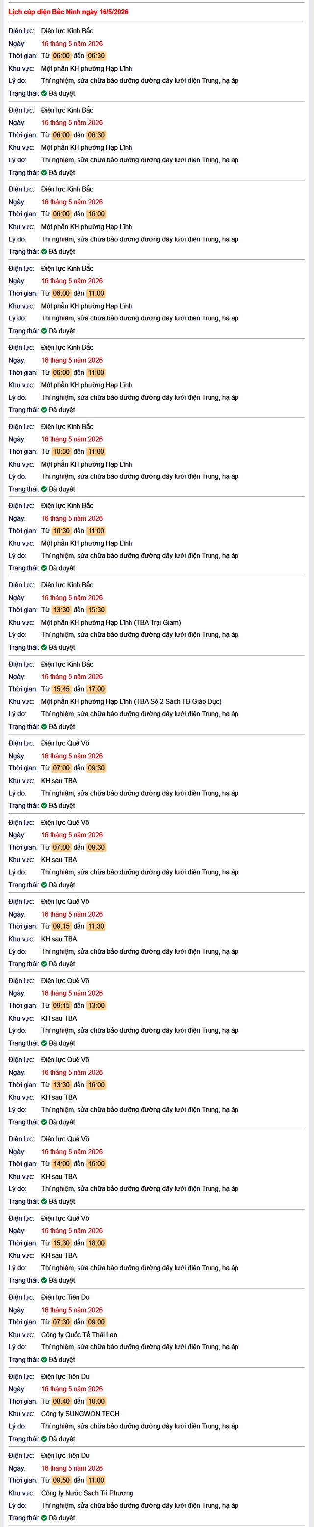 Tra cứu lịch cắt điện Bắc Ninh hôm nay Thứ 7 ngày 16/5/2026- Ảnh 1.