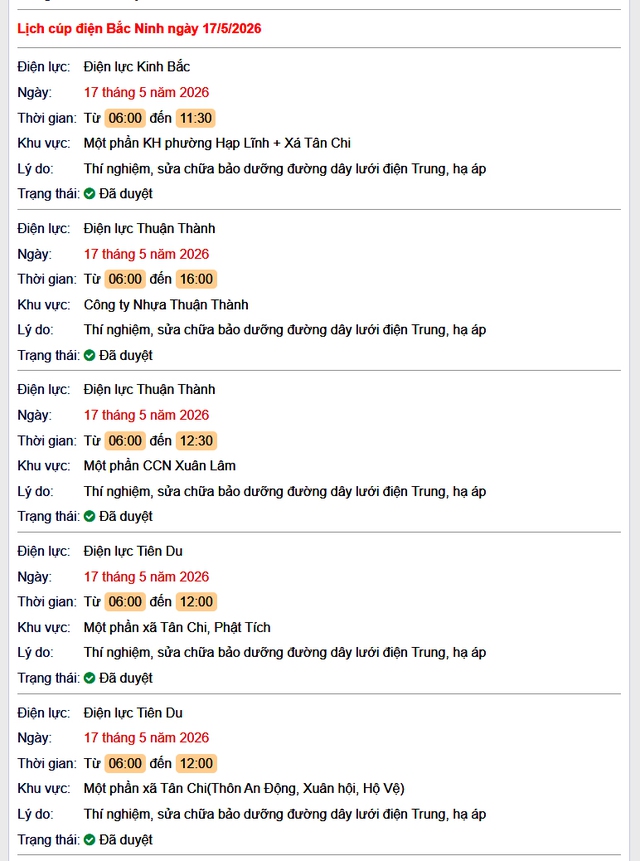 Tra cứu lịch cắt điện Bắc Ninh hôm nay Chủ Nhật ngày 17/5/2026- Ảnh 1. Tra cứu lịch cắt điện Bắc Ninh hôm nay Chủ Nhật ngày 17/5/2026- Ảnh 1.