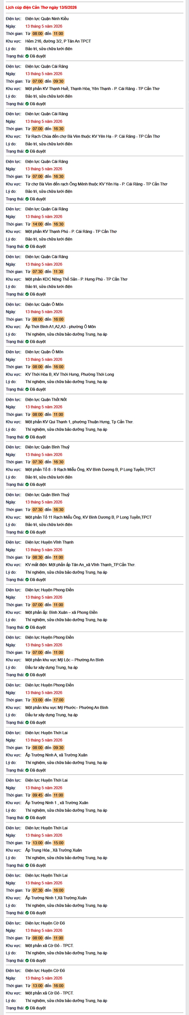 Tra cứu lịch cúp điện Cần Thơ hôm nay Thứ 4 ngày 13/5/2026- Ảnh 1.