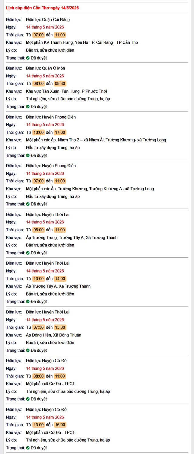 Tra cứu lịch cúp điện Cần Thơ hôm nay Thứ 5 ngày 14/5/2026- Ảnh 1.