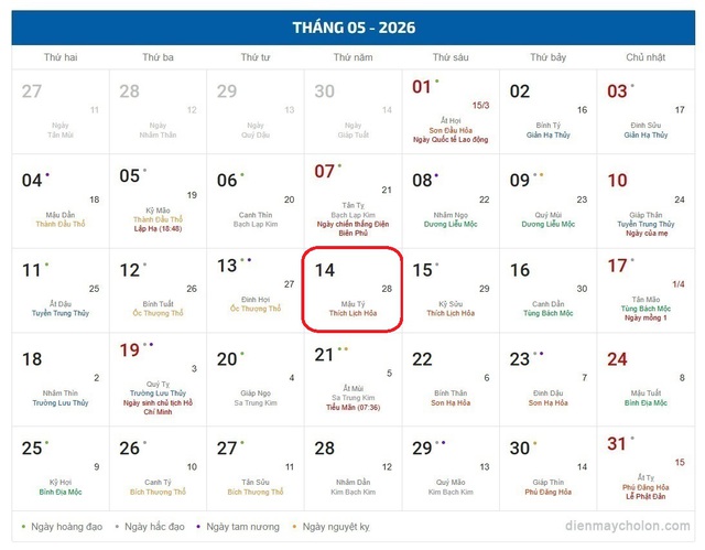 Âm lịch hôm nay 14/5 - Lịch âm 14/5 - Lịch vạn niên ngày 14/5/2026- Ảnh 1. Âm lịch hôm nay 14/5 - Lịch âm 14/5 - Lịch vạn niên ngày 14/5/2026- Ảnh 1.