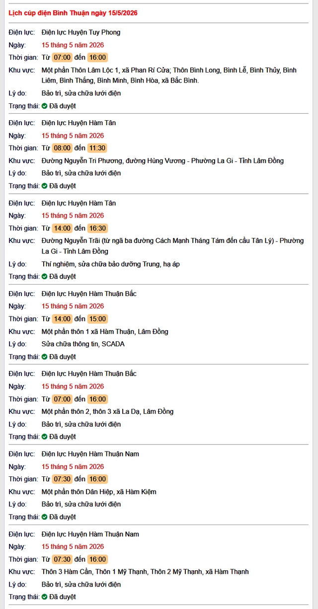 Tra cứu lịch cúp điện Bình Thuận hôm nay Thứ 6 ngày 15/5/2026- Ảnh 1.