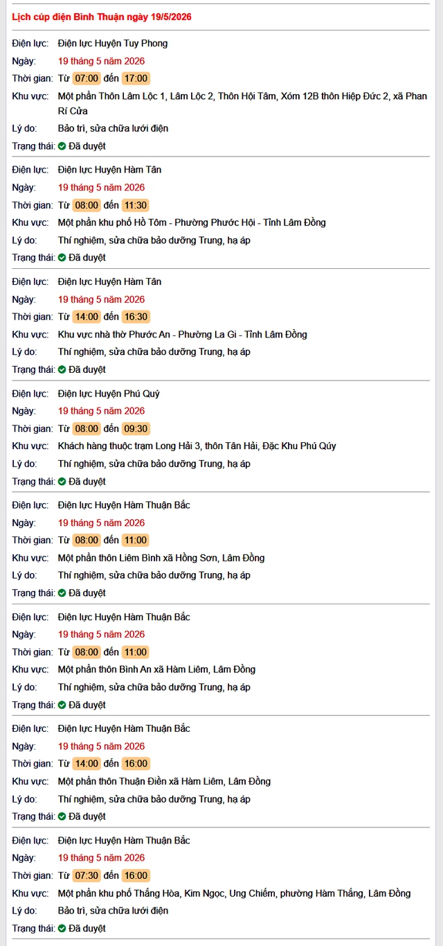 Tra cứu lịch cúp điện Bình Thuận hôm nay Thứ 3 ngày 19/5/2026- Ảnh 1.