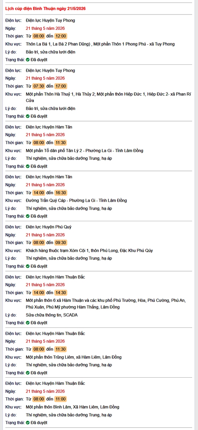 Tra cứu lịch cúp điện Bình Thuận hôm nay Thứ 5 ngày 21/5/2026- Ảnh 1.