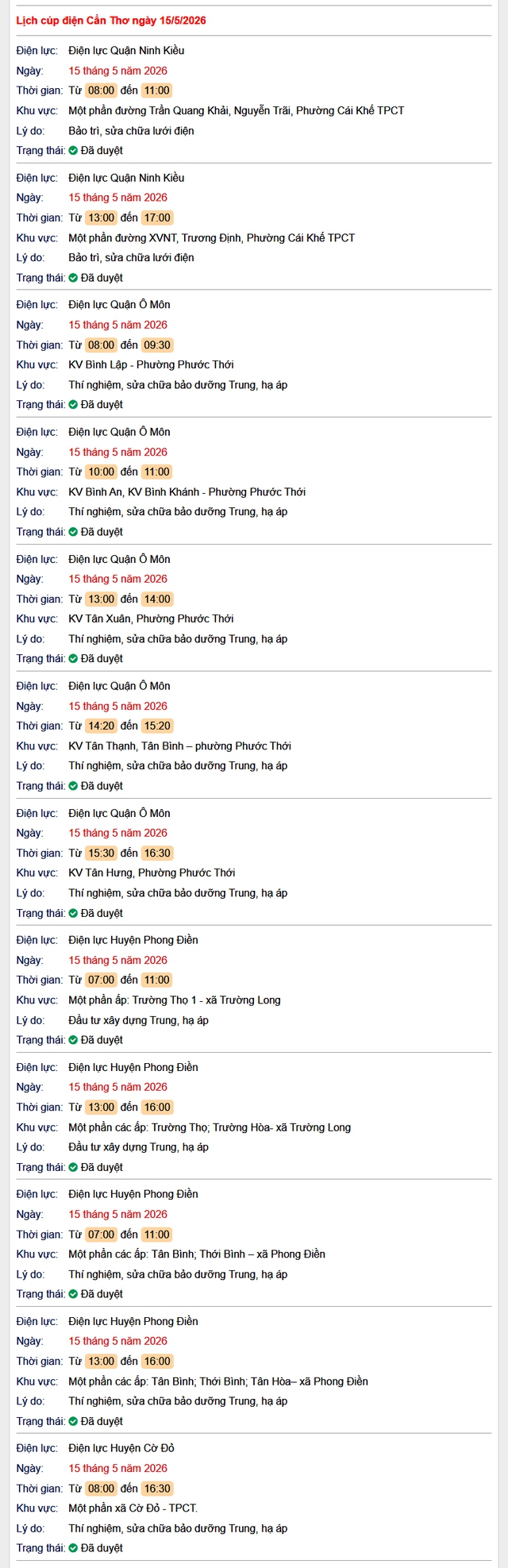 Tra cứu lịch cúp điện Cần Thơ hôm nay Thứ 6 ngày 15/5/2026- Ảnh 1.