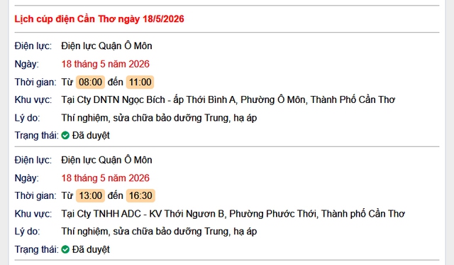 Tra cứu lịch cúp điện Cần Thơ hôm nay Thứ 2 ngày 18/5/2026- Ảnh 1.