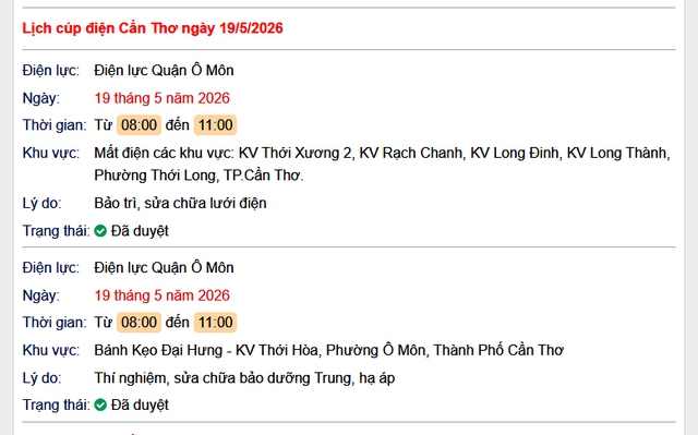 Tra cứu lịch cúp điện Cần Thơ hôm nay Thứ 3 ngày 19/5/2026- Ảnh 1.