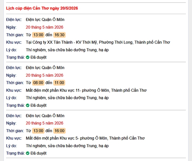 Tra cứu lịch cúp điện Cần Thơ hôm nay Thứ 4 ngày 20/5/2026- Ảnh 1.