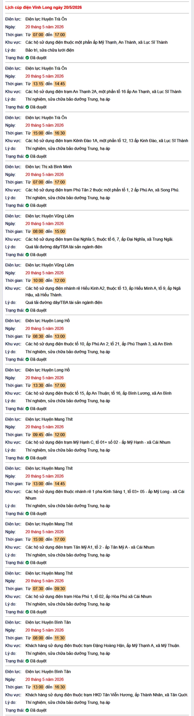 Tra cứu lịch cúp điện Vĩnh Long hôm nay Thứ 4 ngày 20/5/2026- Ảnh 1. Tra cứu lịch cúp điện Vĩnh Long hôm nay Thứ 4 ngày 20/5/2026- Ảnh 1.