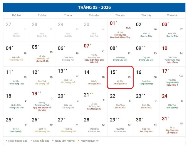 Âm lịch hôm nay 15/5 - Lịch âm 15/5 - Lịch vạn niên ngày 15/5/2026- Ảnh 1.