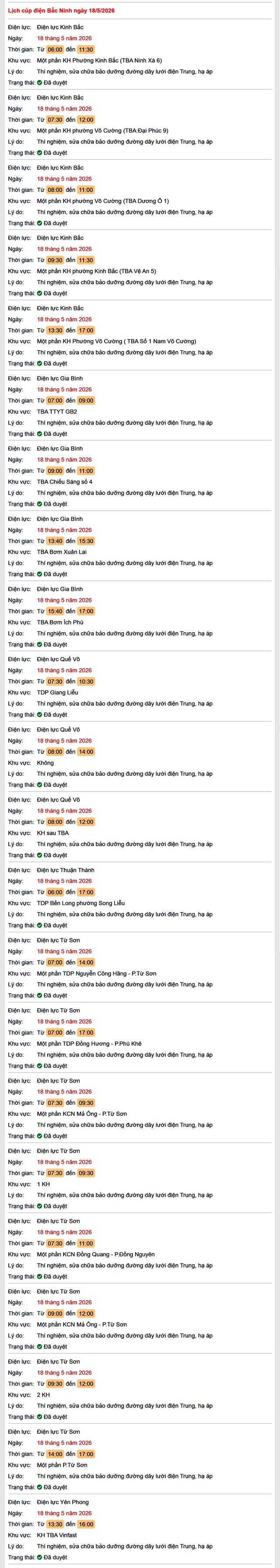 Tra cứu lịch cắt điện Bắc Ninh hôm nay Thứ 2 ngày 18/5/2026- Ảnh 1. Tra cứu lịch cắt điện Bắc Ninh hôm nay Thứ 2 ngày 18/5/2026- Ảnh 1.