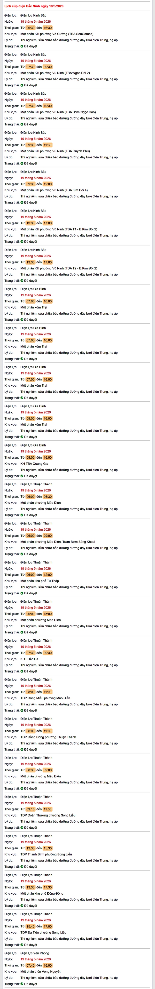 Tra cứu lịch cắt điện Bắc Ninh hôm nay Thứ 3 ngày 19/5/2026- Ảnh 1.